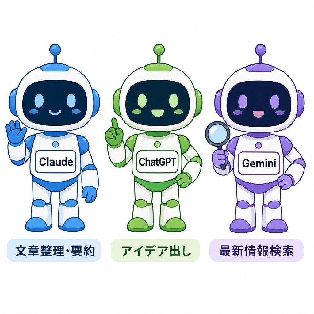 Claude・ChatGPT・Gemini 3つのAIをロボットキャラクターで比較したイラスト