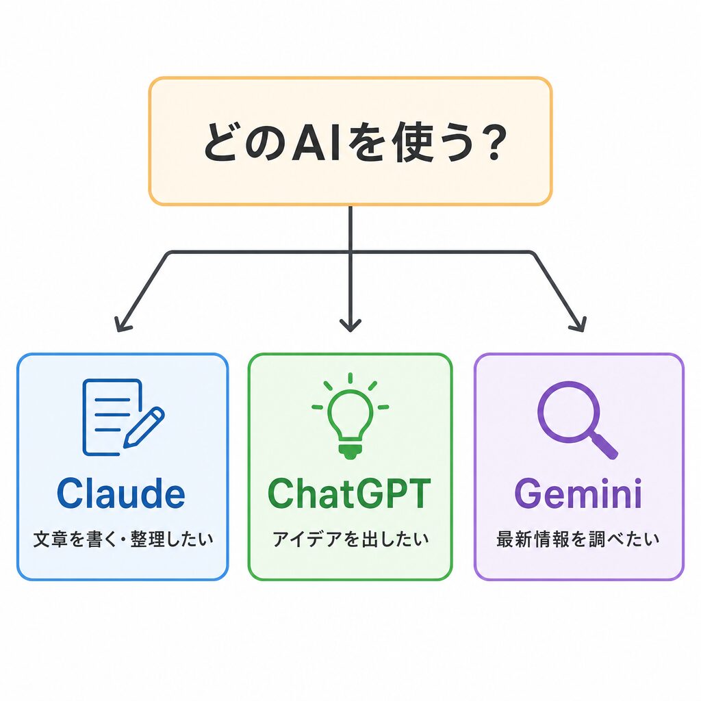 ChatGPT・Claude・Geminiの使い分けを示したフローチャート