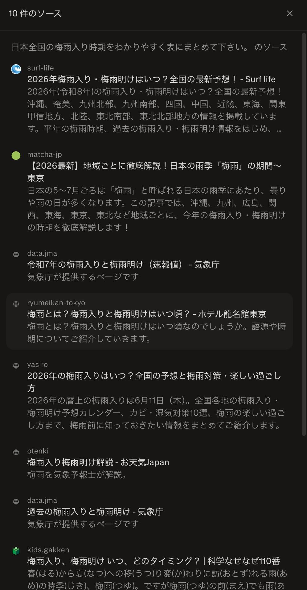 Perplexity AIのソース一覧10件