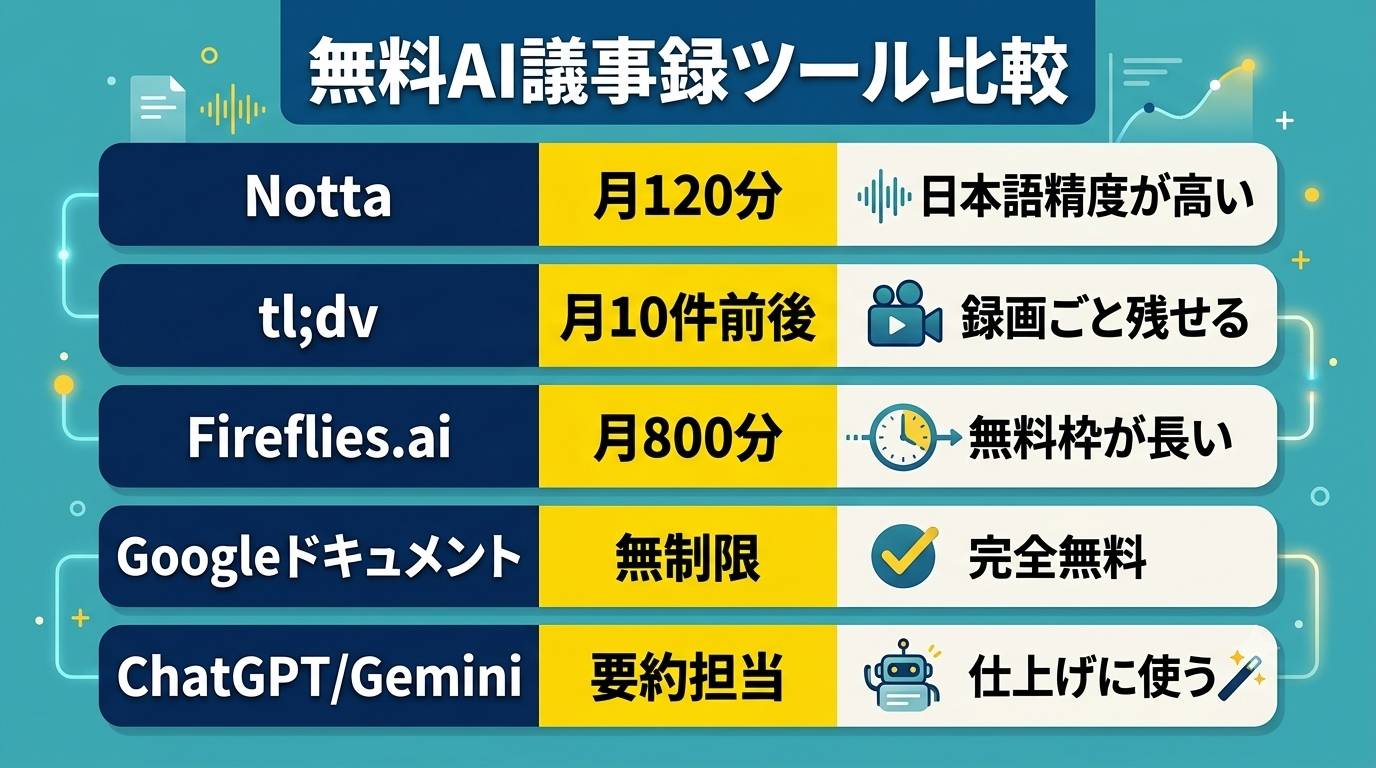 AI議事録ツール5選の無料枠比較