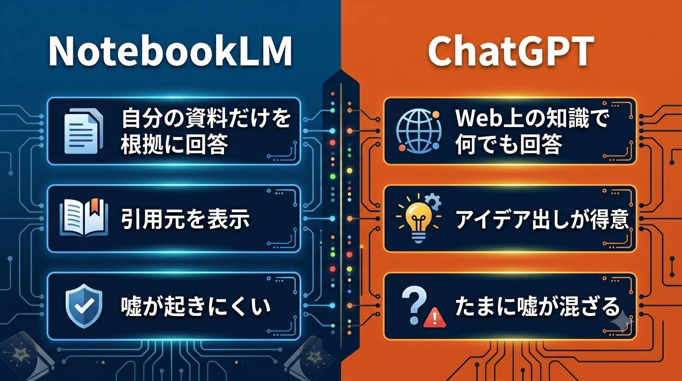 NotebookLMとChatGPTの違い比較図