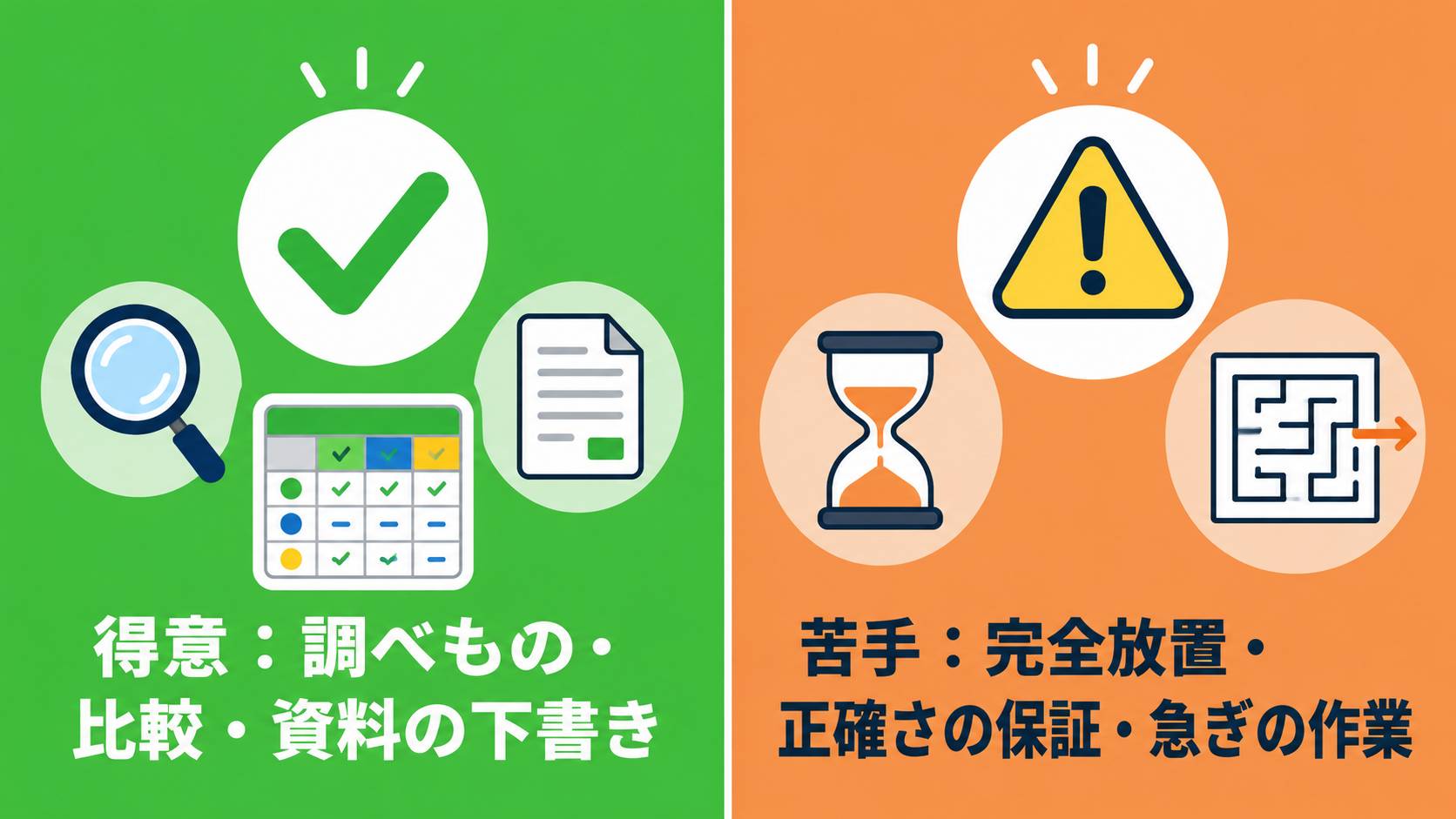 AIエージェントの得意なことと苦手なことを左右で対比した比較図解