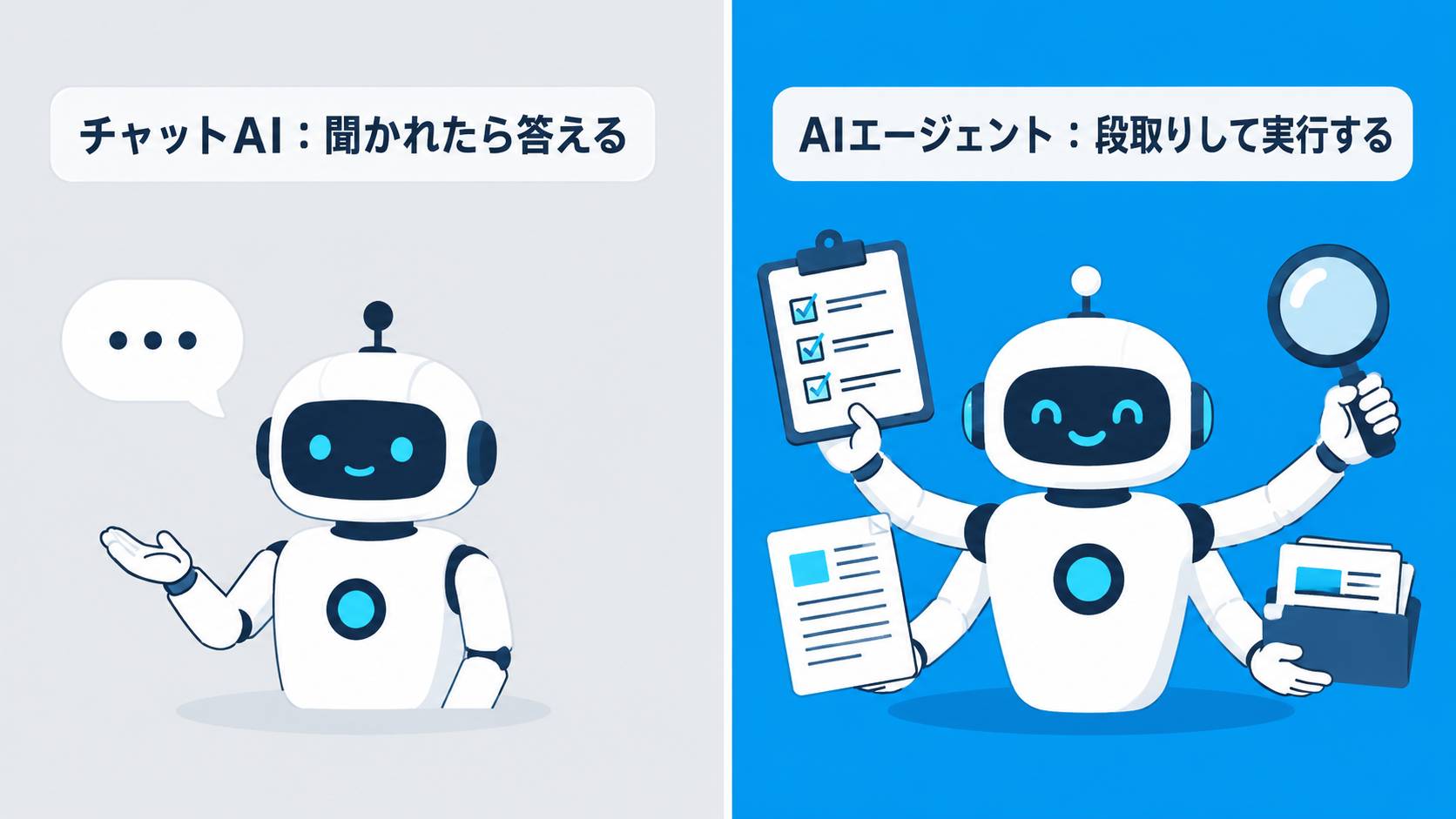 チャットAIとAIエージェントの違いを表した比較図解（指示待ちの新人と段取り上手なベテランのイメージ）