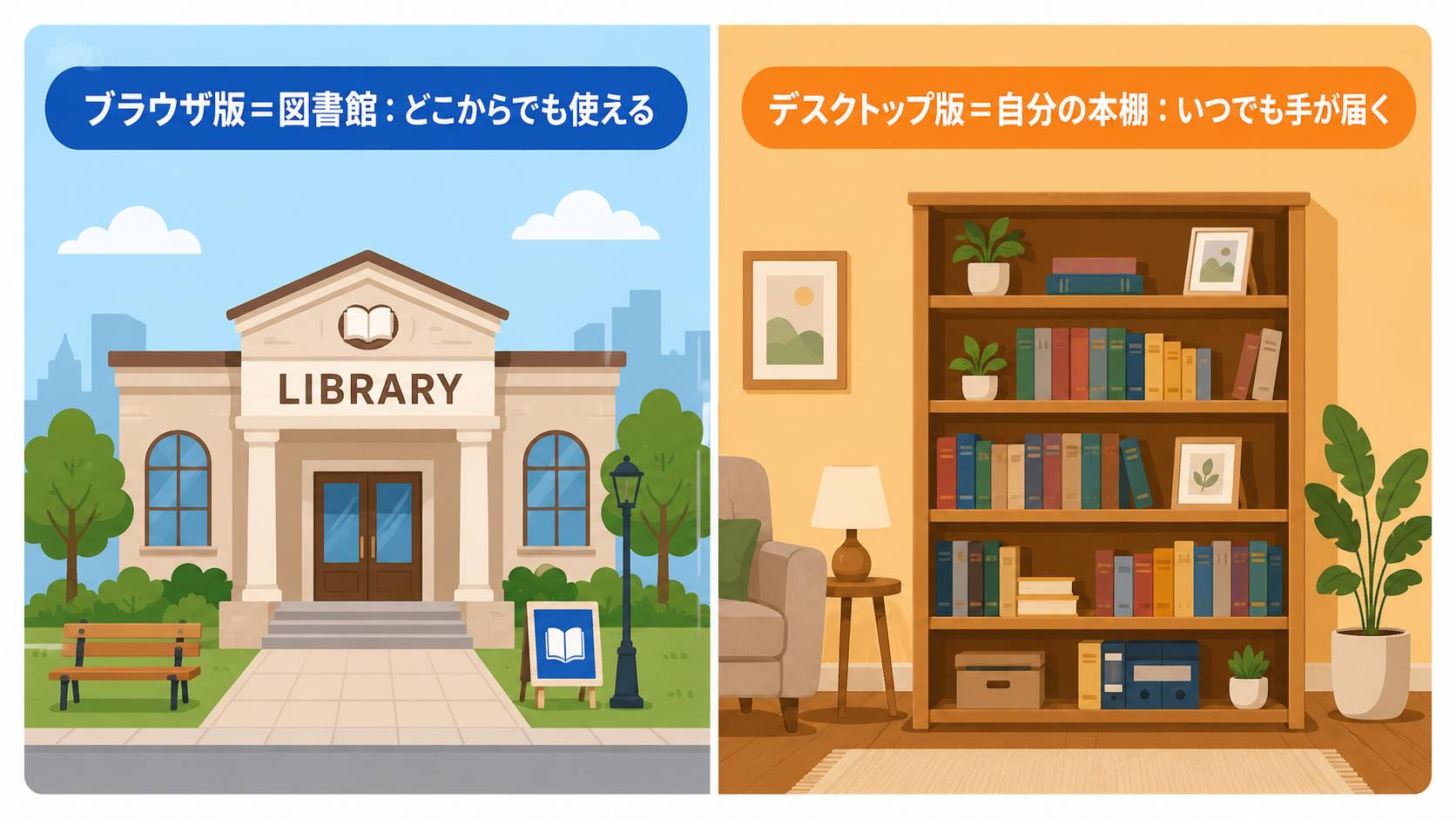 ブラウザ版は図書館、デスクトップ版は自分の部屋の本棚という比較イラスト